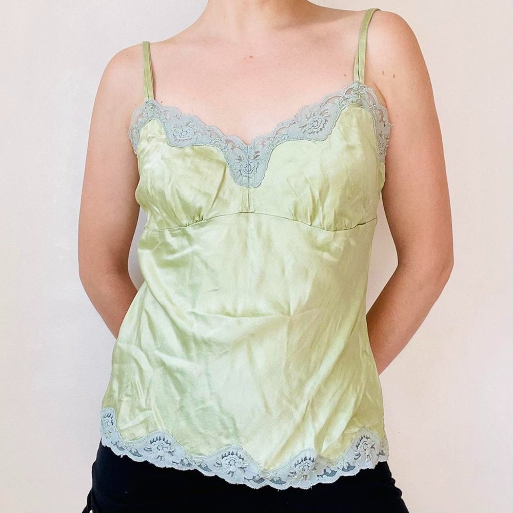 Vintage y2k light green crushed silk lacy babydoll camisole top